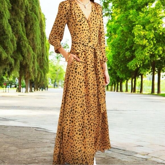 EUC Nicholas Tie Front Leopard Print Silk Maxi Dress Size 14 - Picture 1 of 7